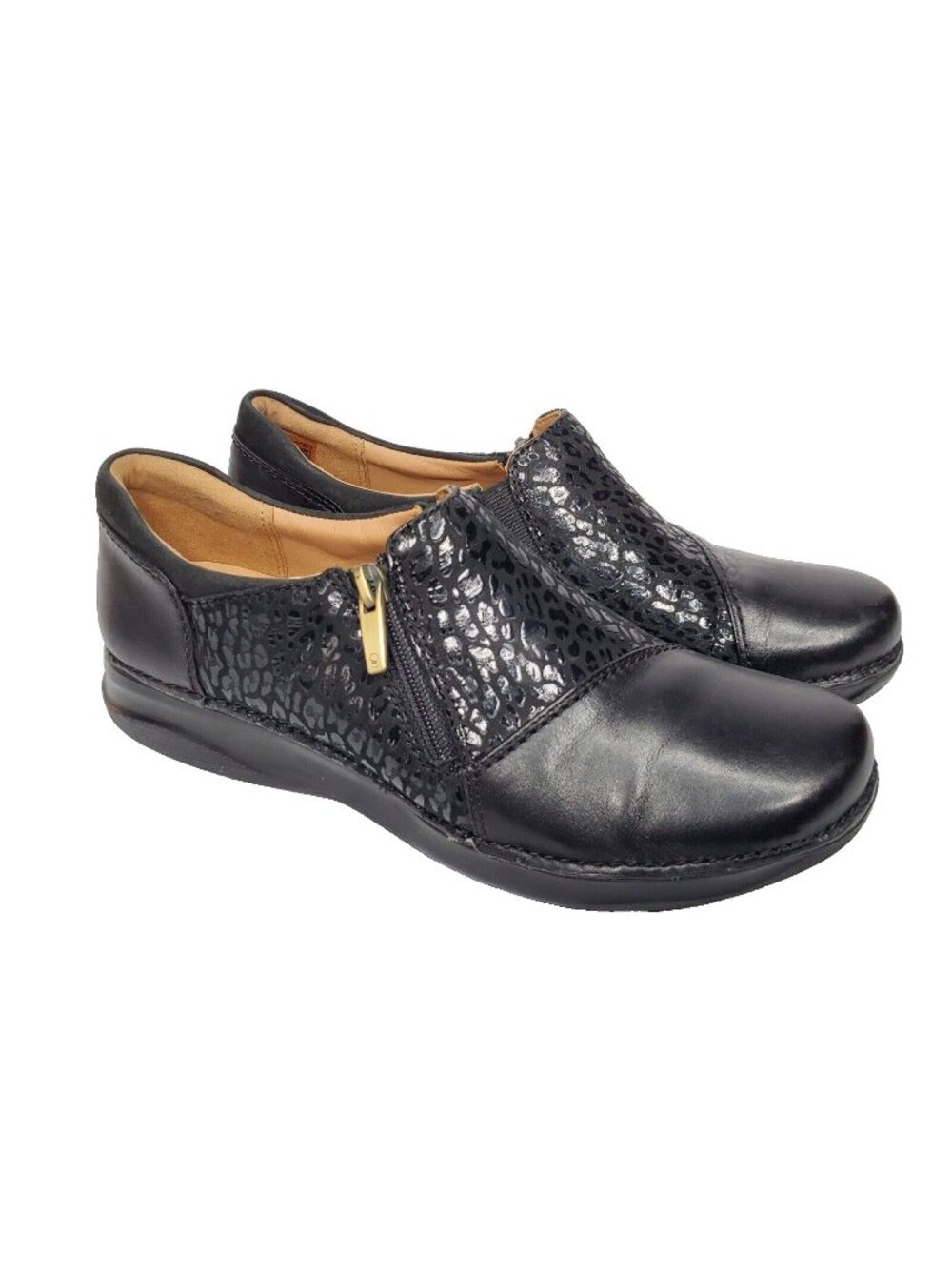 Clarks Unstructured Comfort Leather Shoes 7 M Black Animal Print Texture Zip